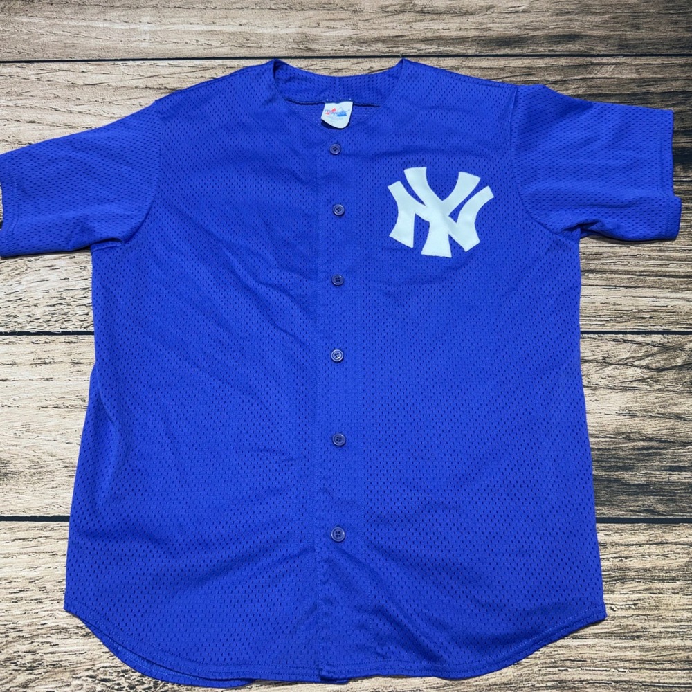 Majestic Baseball Jersey Mens Large Blue NY Yankees Mesh Button Up MLB USA
